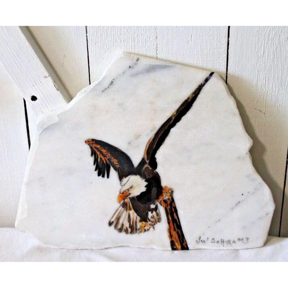 VTG American Eagle Hand Painted Stone Marble Slab Art Signed Table/Wall 12"x 9"